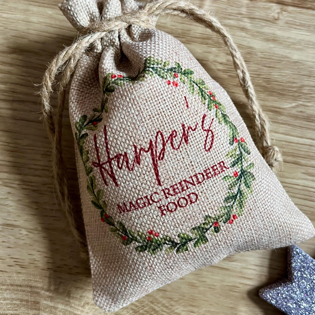 Wooden magic reindeer food engraved tag drawstring bag christmas eve box personalised santa sack first christmas gift