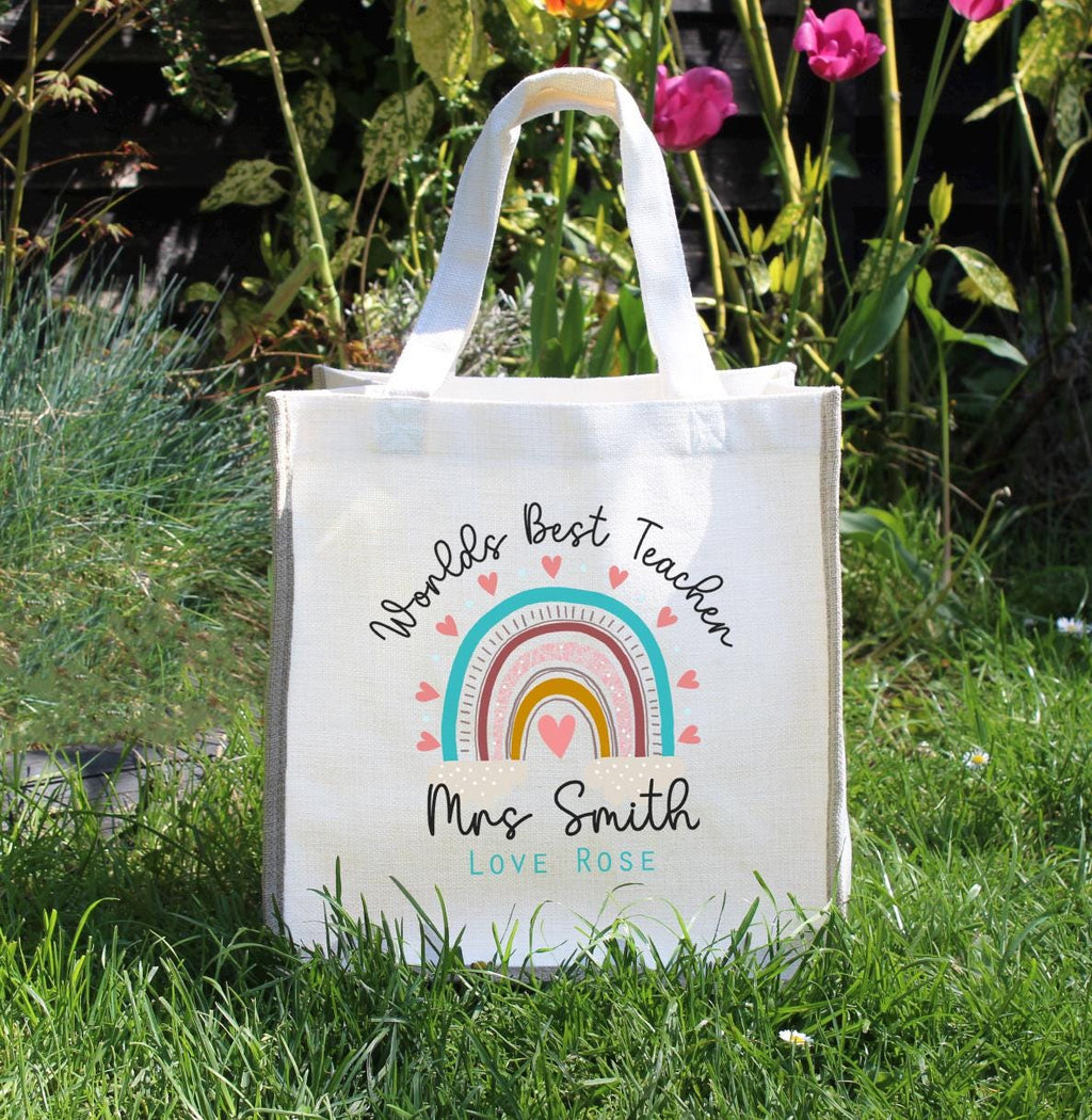 Personalised worlds best teacher jute bag, Personalised teacher rainbow bag, Custom teacher rainbow gift bag, Teacher gift bag