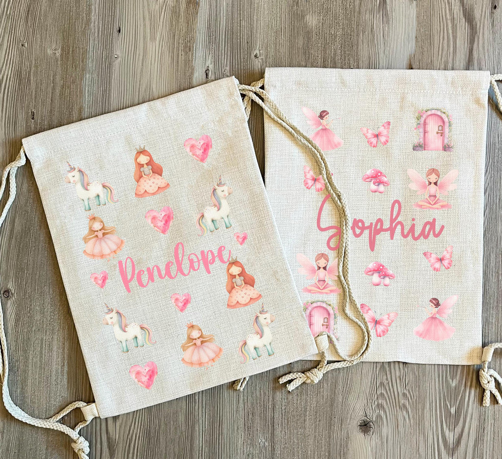 Personalised princess kids drawstring bag, Personalised unicorn drawstring bag, Personalised fairy drawstring bag, Drawstring PE bag