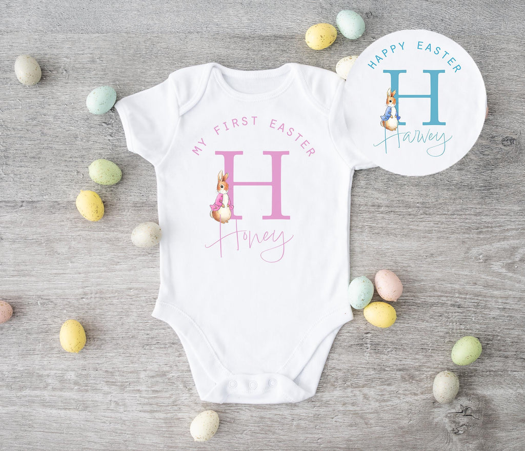 personalised first easter rabbit baby vest, 1st easter baby vest, first pink rabbit easter vest, first blue rabbit easter vest