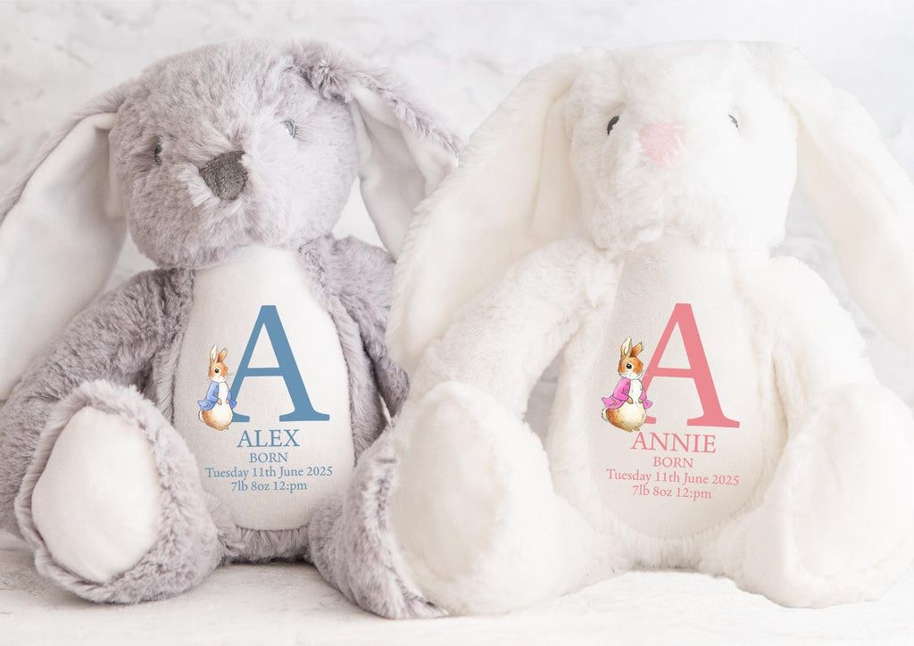 Personalised newborn baby pink rabbit birth stat teddy gift, Personalised new arrival blue rabbit  newborn baby teddy gift, Newborn teddy