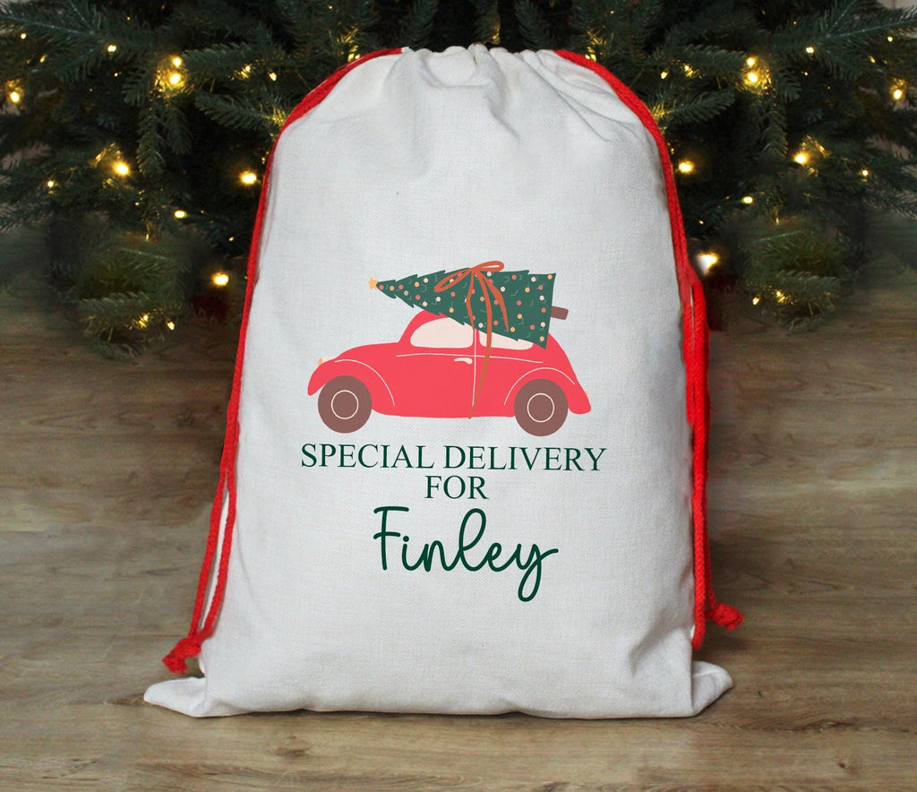 Personalised spcial delivery car christmas tree present sack, christmas eve box, personalised santa sack, first christmas gift