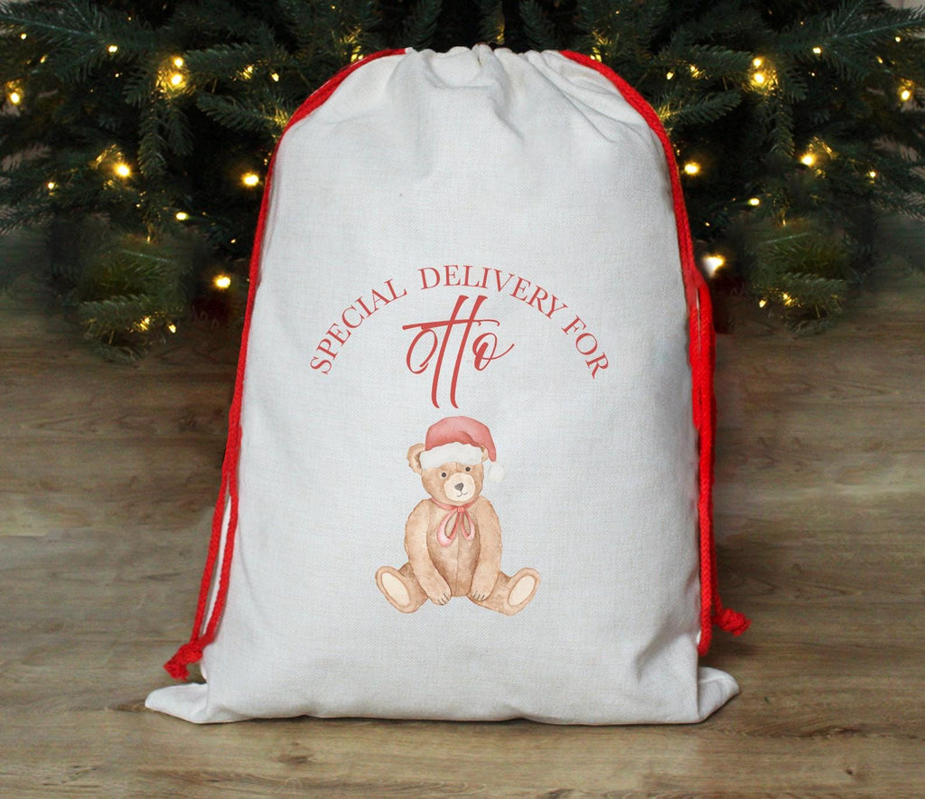 Personalised special delivery teddy bear christmas sack , Christmas eve box ,  Personalised santa sack first , Personalised xmas gift sack