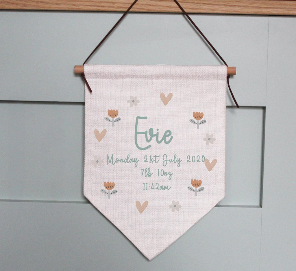 personalise new baby birth stat wall hanging, new baby gift, nursery decor, baby gifts, boho flower baby gift, personalised baby gifts