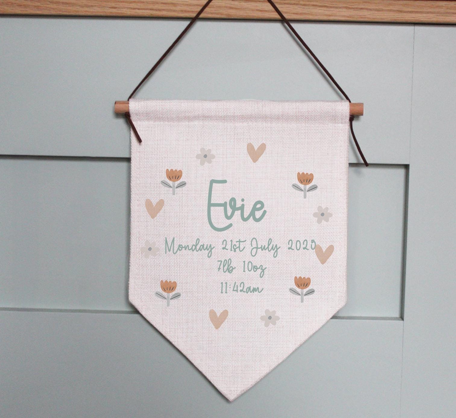 personalise new baby birth stat wall hanging, new baby gift, nursery decor, baby gifts, boho flower baby gift, personalised baby gifts