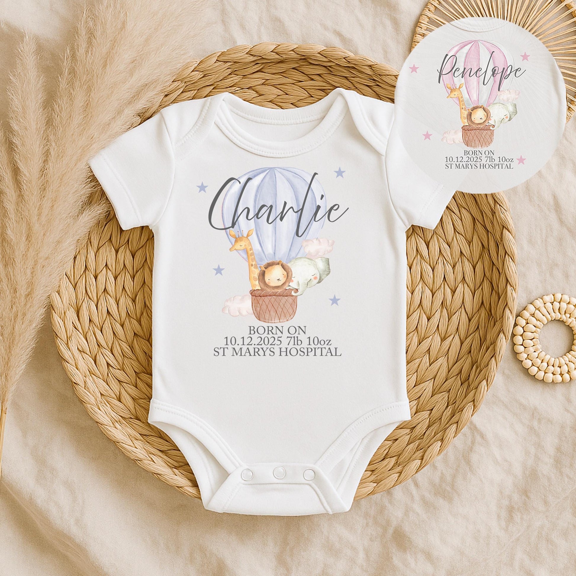personalised safari animal welcome to the world newborn baby vest, Newborn babygirl pink vest, Newborn babyboy blue vest