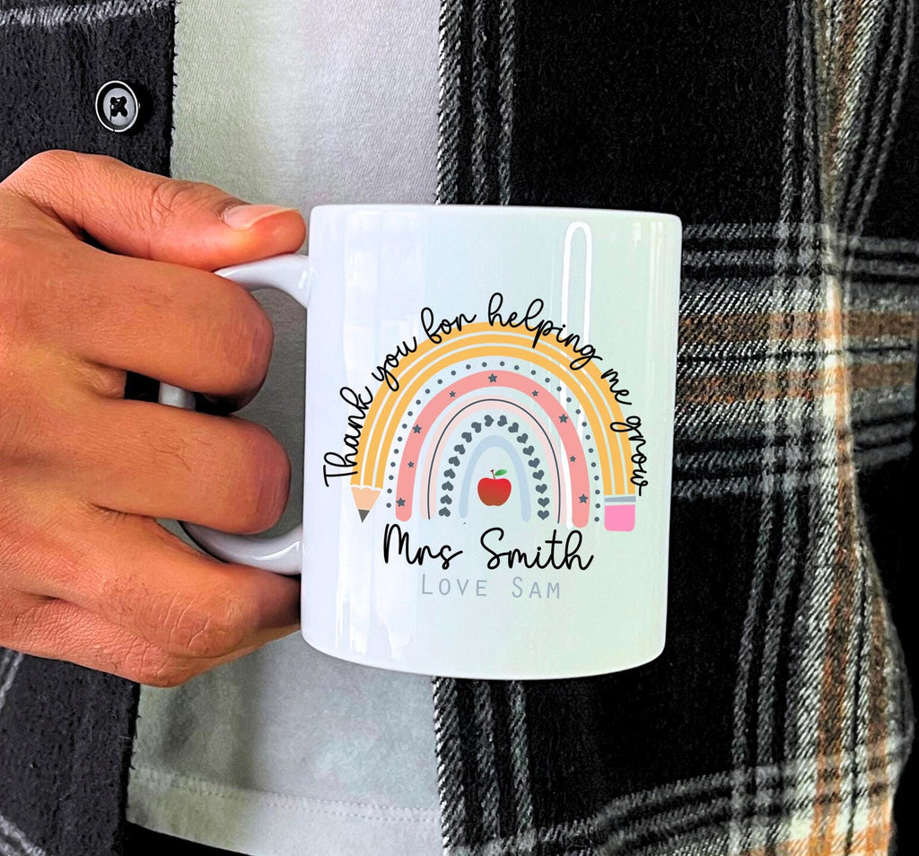 Personalised thank you for helping me grow rainbow teacher ceramic mug gift, Personalised teacher mug, Personalised headteacher mug