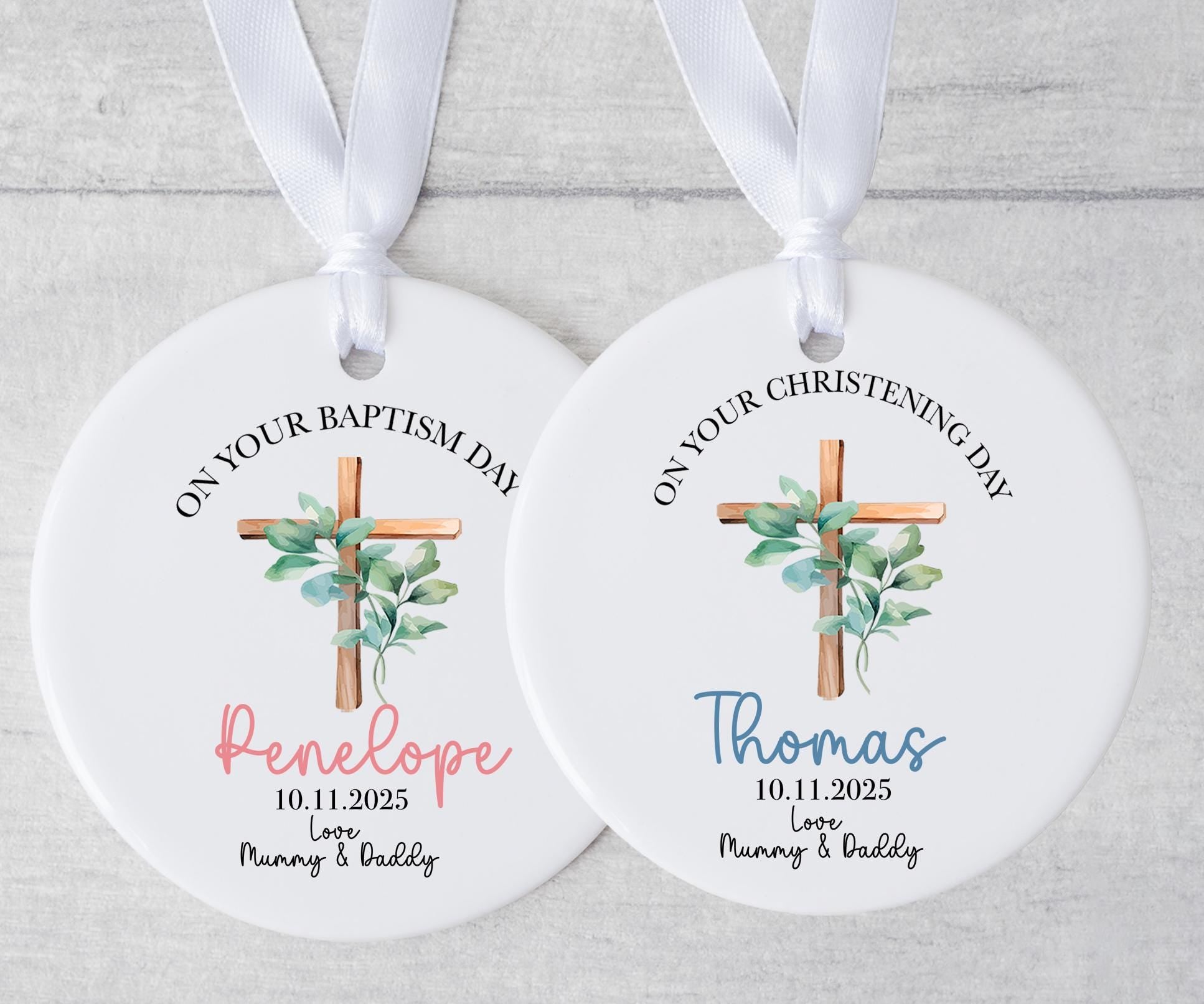 Personalised christening cross ceramic ornament, Personalised baptism cross ceramic ornament, Naming ceremony gift