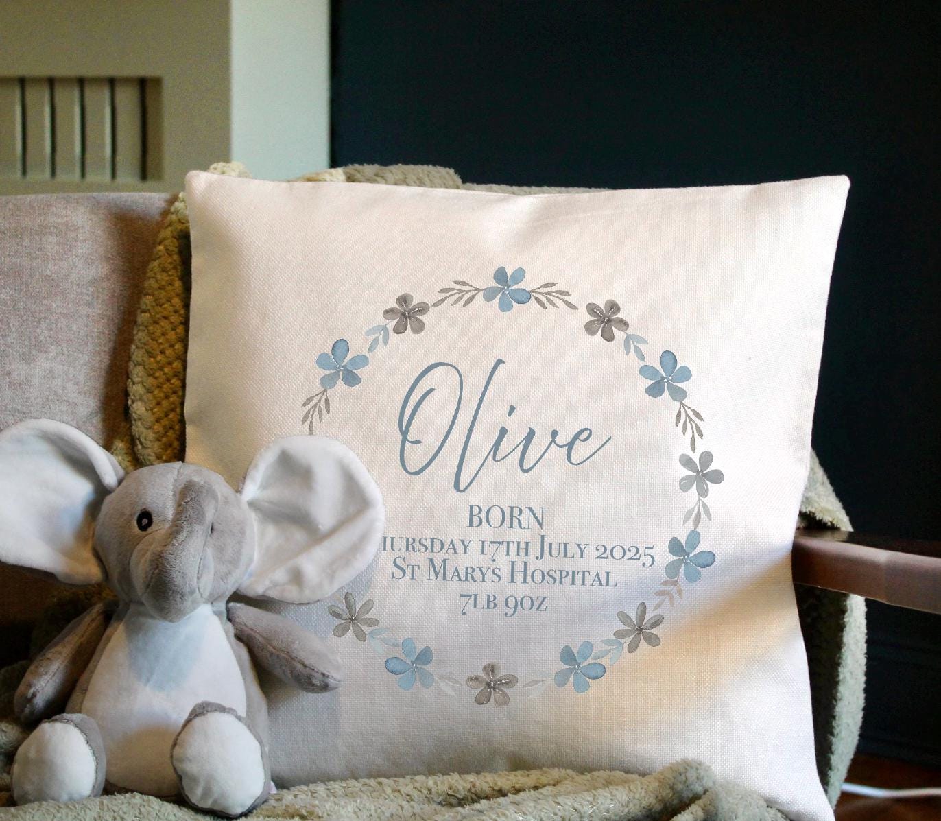 Personalised newborn baby blue floral wreath birth stat keepsake cushion gift, Personalised new arrival cushion gift, Blue floral wreath