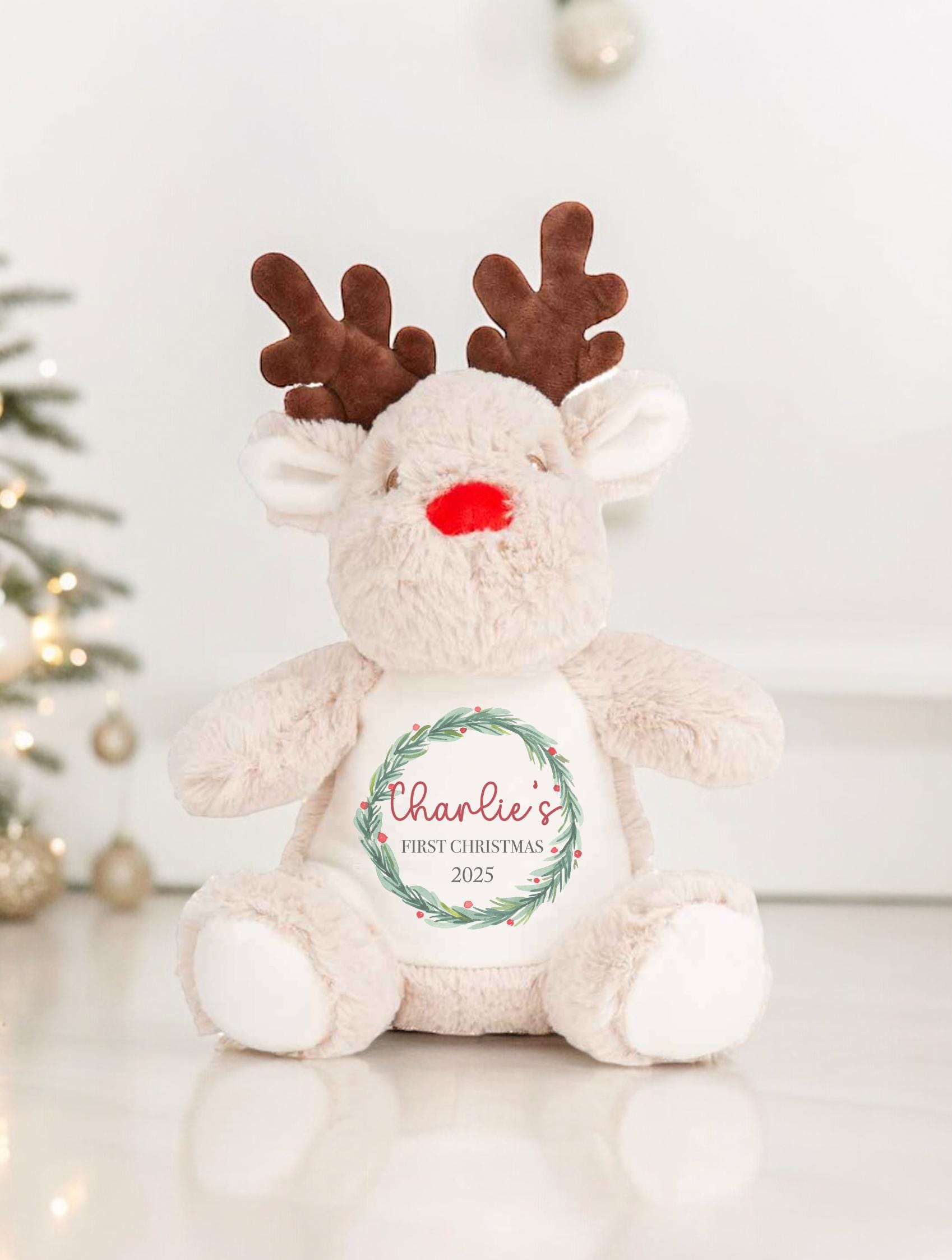 Personalised babies first christmas name reindeer christmas wreath teddy gift christmas eve box personalised santa sack first christmas gift