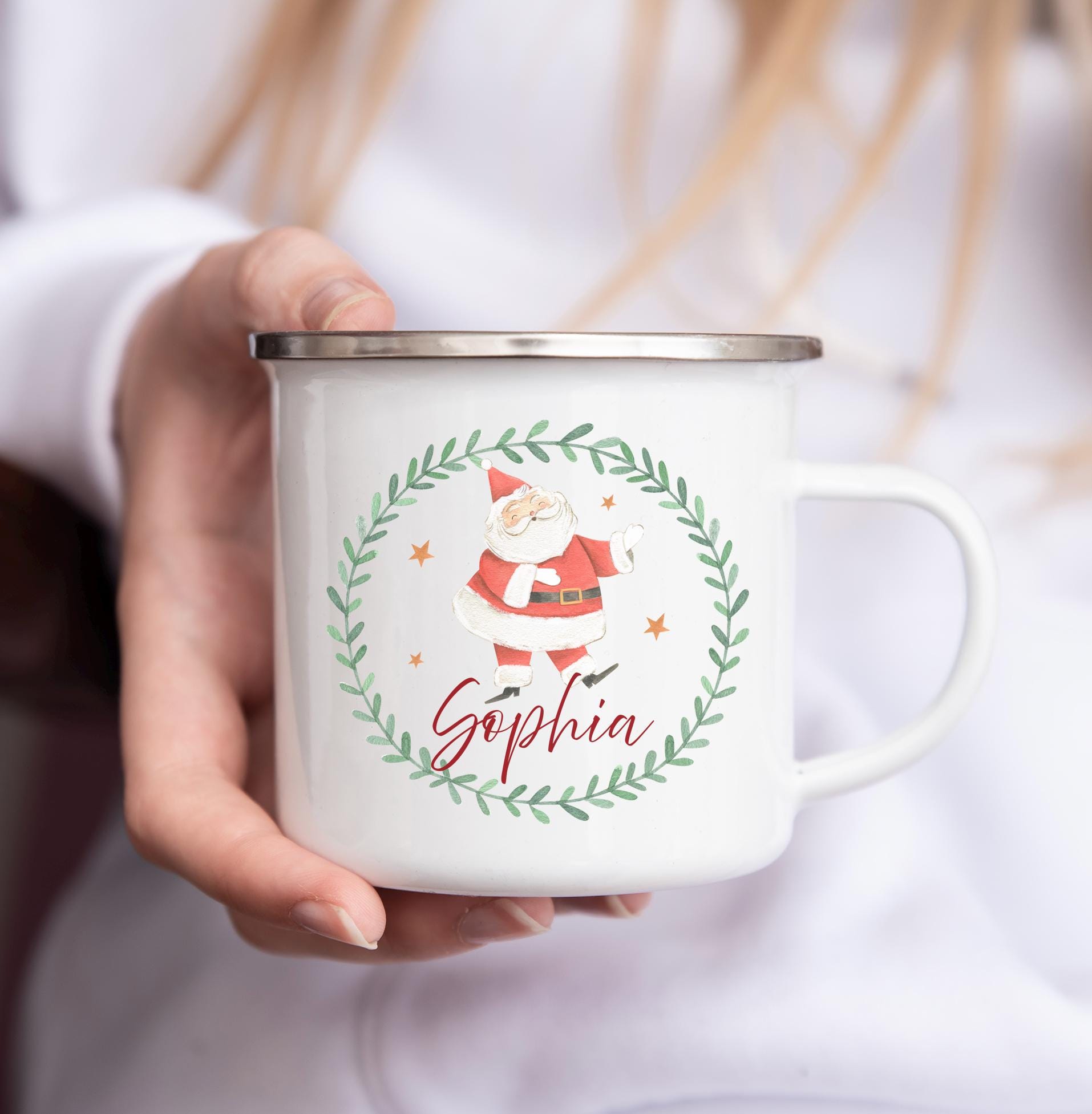 personalised christmas cosy santa enamel mug, christmas eve box, personalised santa sack, first christmas gift, christmas mug,