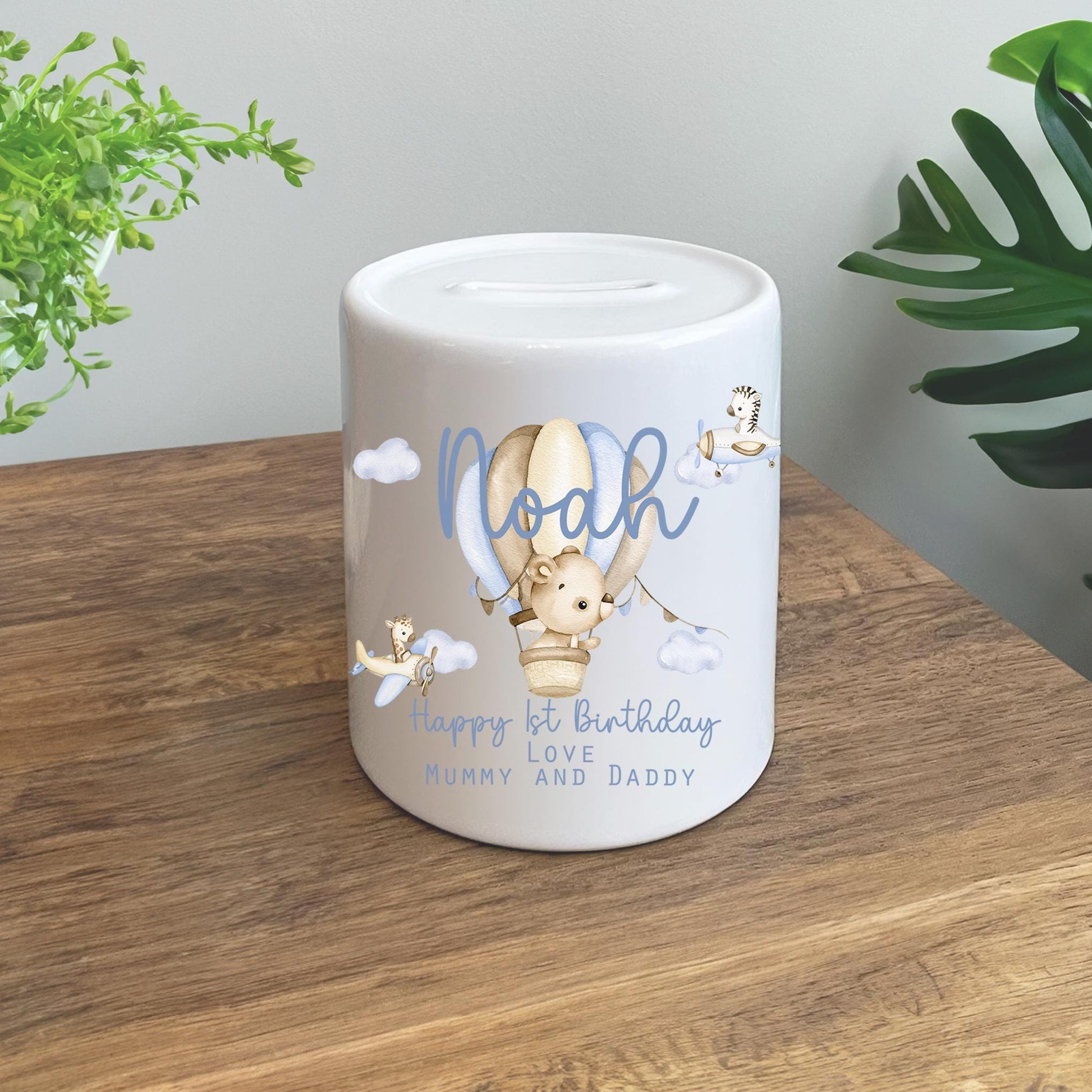 Personalised animal hot air balloon areo plane first birthday money pot giftfirst birthday gift