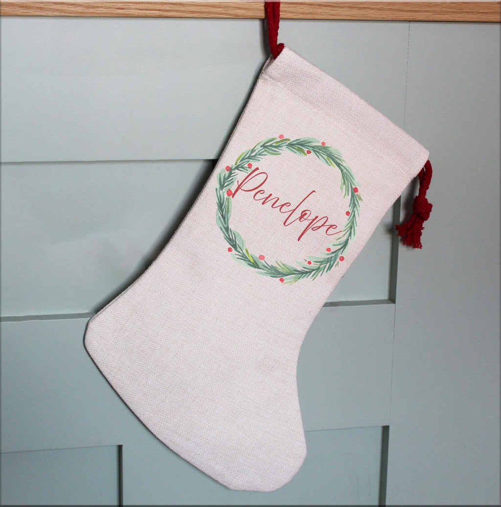 Personalised christmas traditional holly green wreath stocking, xmas eve box, christmas eve box, personalised santa stocking, xmas stocking