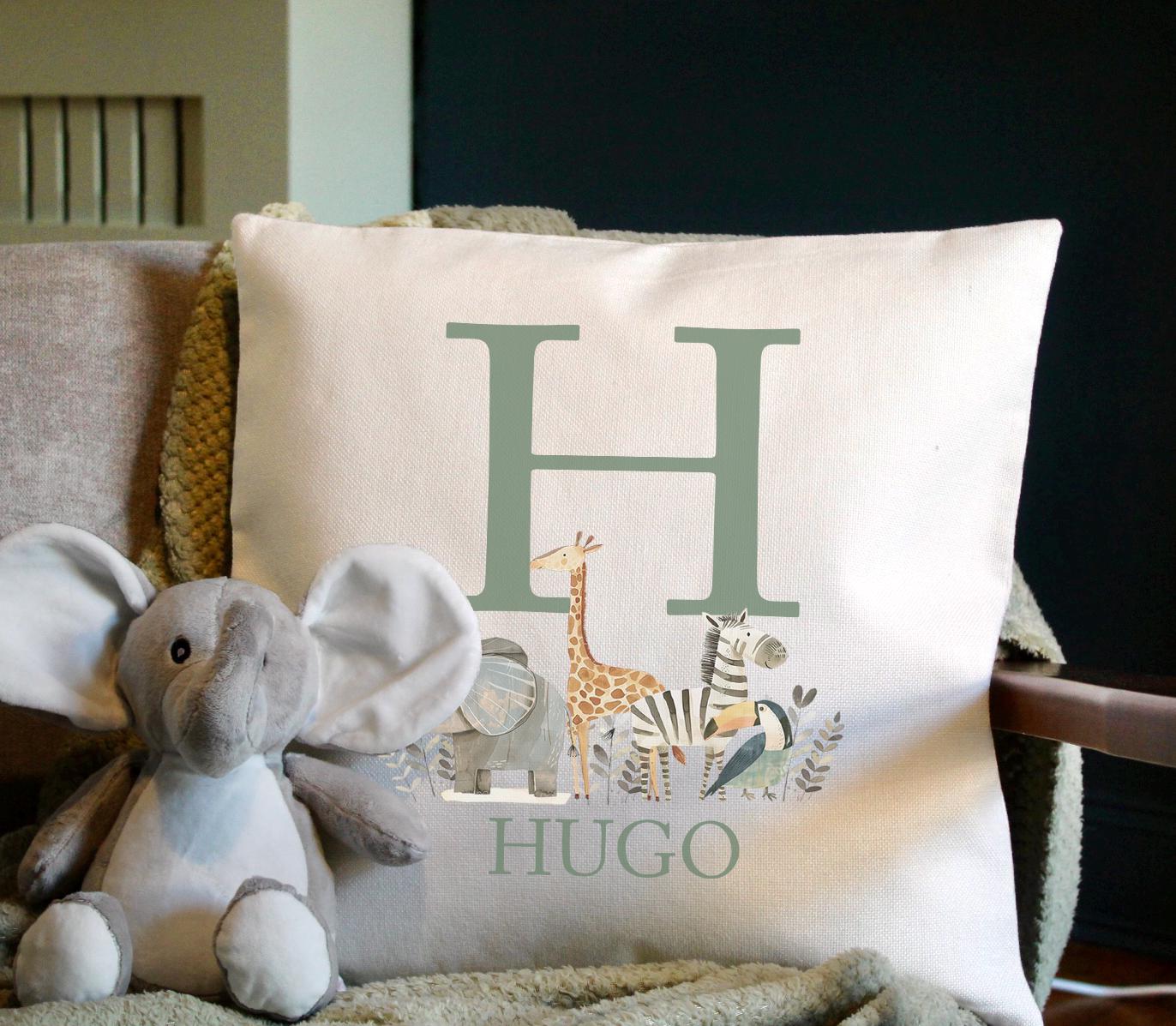 Personalised safari animal initial childrens bedroom cushion gift, Personalised jungle themed cushion