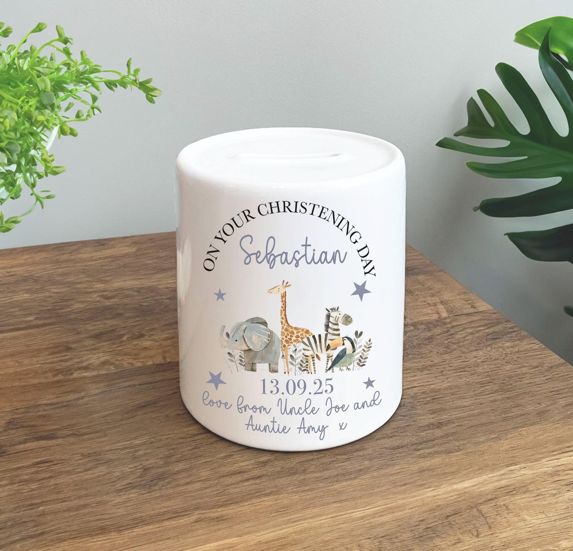 Personalised baby safari animal christening money box gift, Personalised animal baptism money box gift, Personalised childrens gift