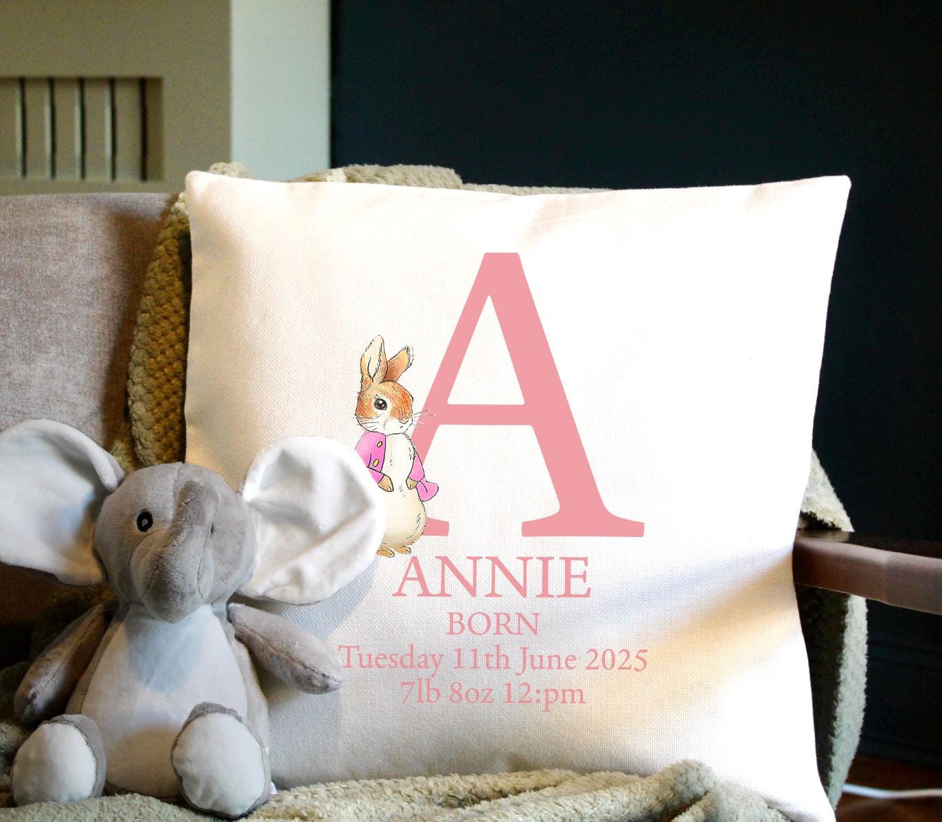 Personalised newborn baby initial blue boy rabbit  birth stat cushion, Personalised newborn baby initial pink rabbit bith stat cushion