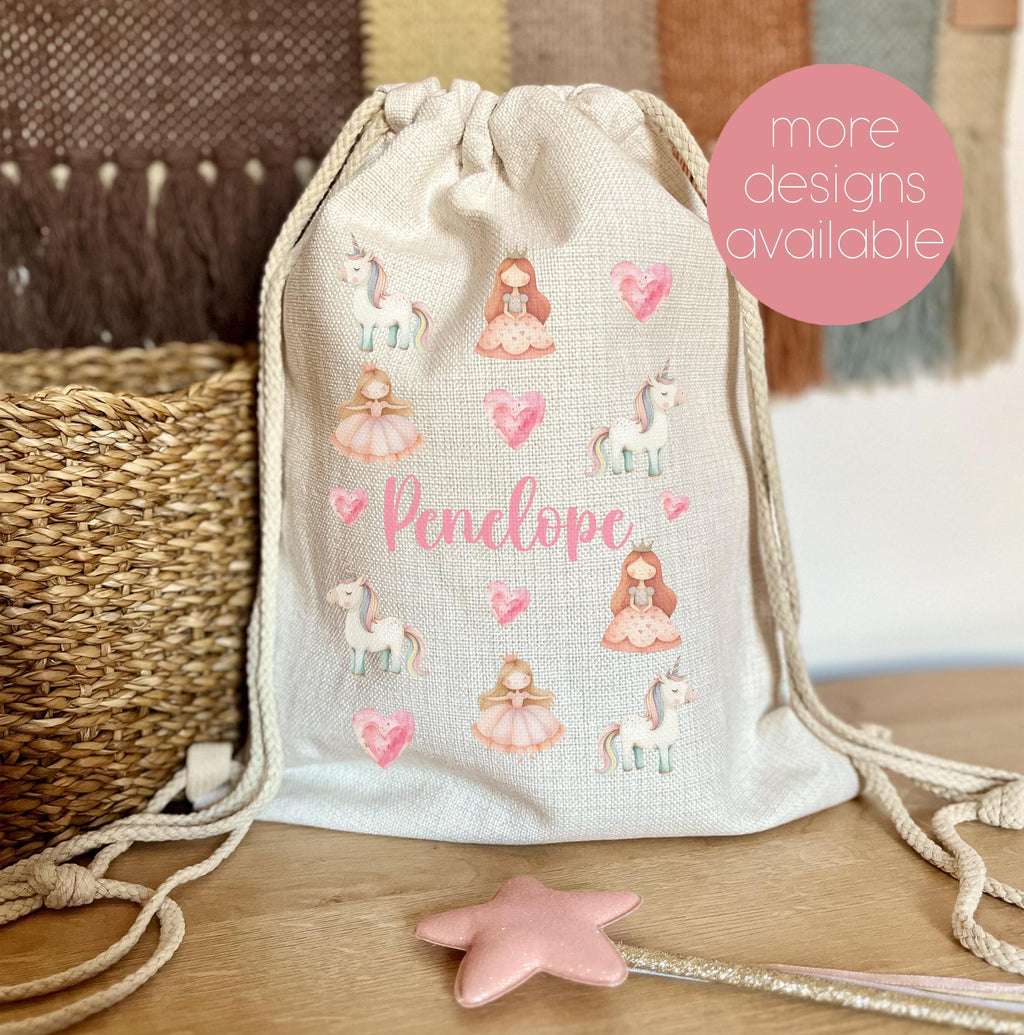 Personalised princess kids drawstring bag, Personalised unicorn drawstring bag, Personalised fairy drawstring bag, Drawstring PE bag