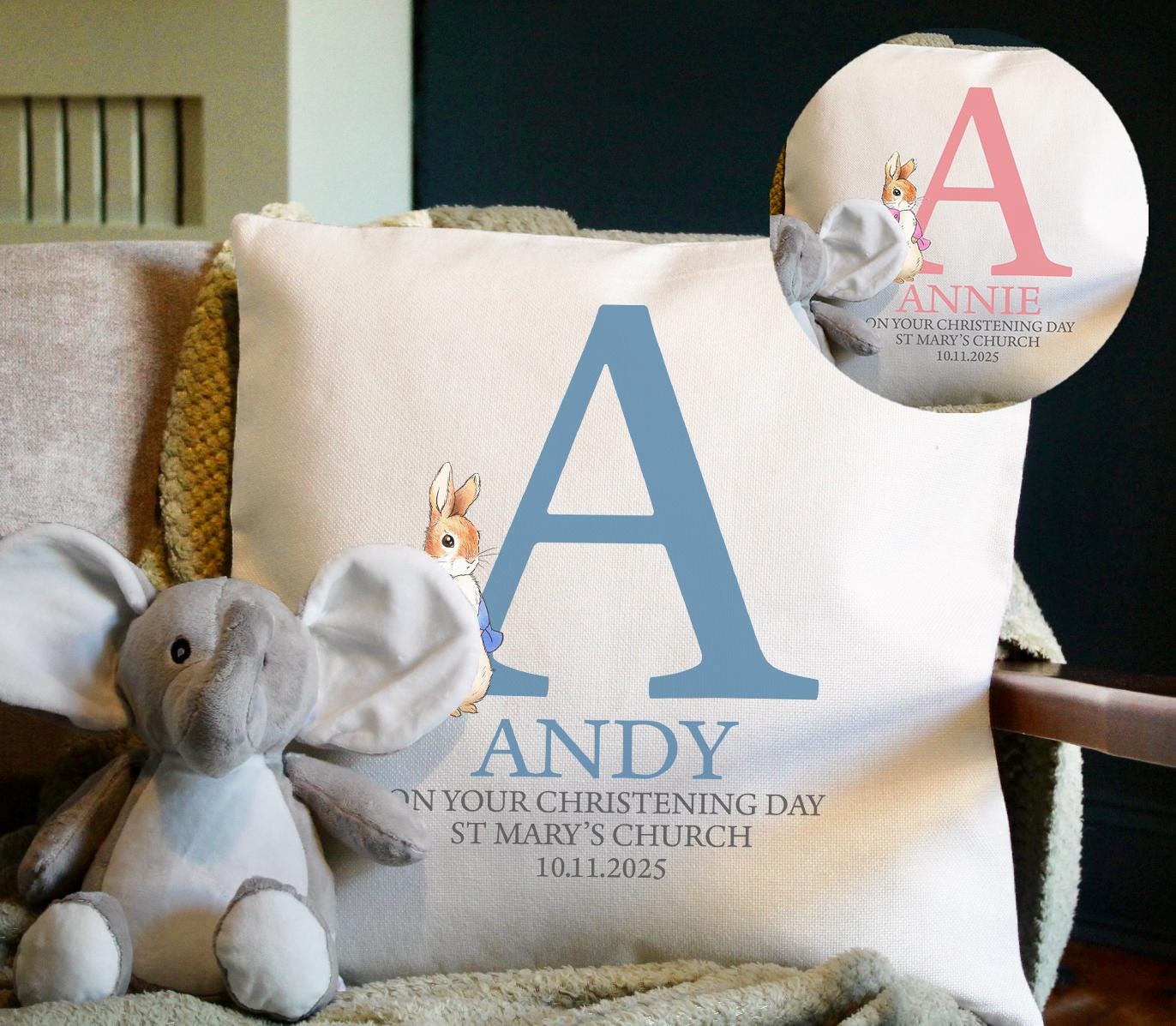 Personalised blue rabbit boy christening gift cushion, Personalised pink rabbit girl baptism cushion gift, Personalised naming ceremony