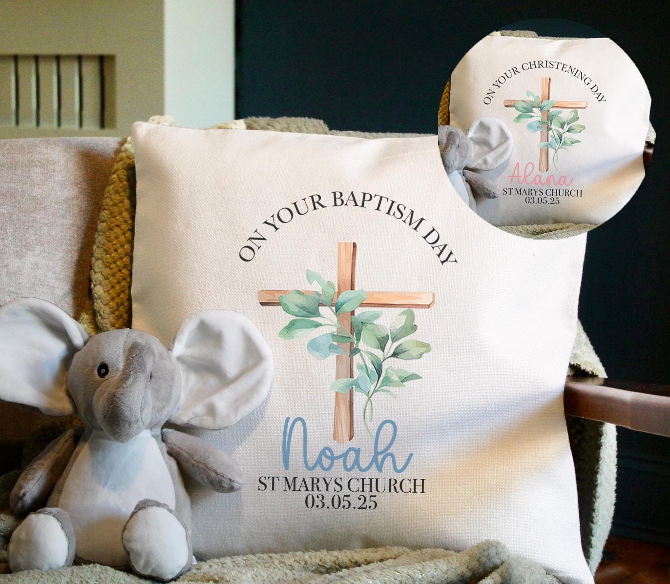 Personalised christening crucifix cushion gift, Personalised baptism crucifix cushion gift, Personalised dedication crucifix cushion gift