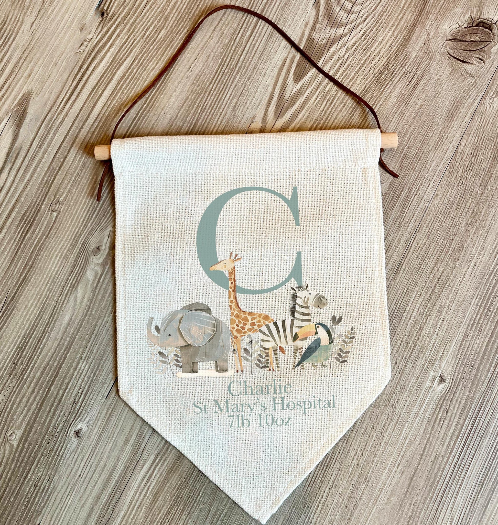 personalise new baby birth stat flagwall hanging, new baby gift, nursery decor, baby gifts, safari animal baby gift, personalised baby gifts