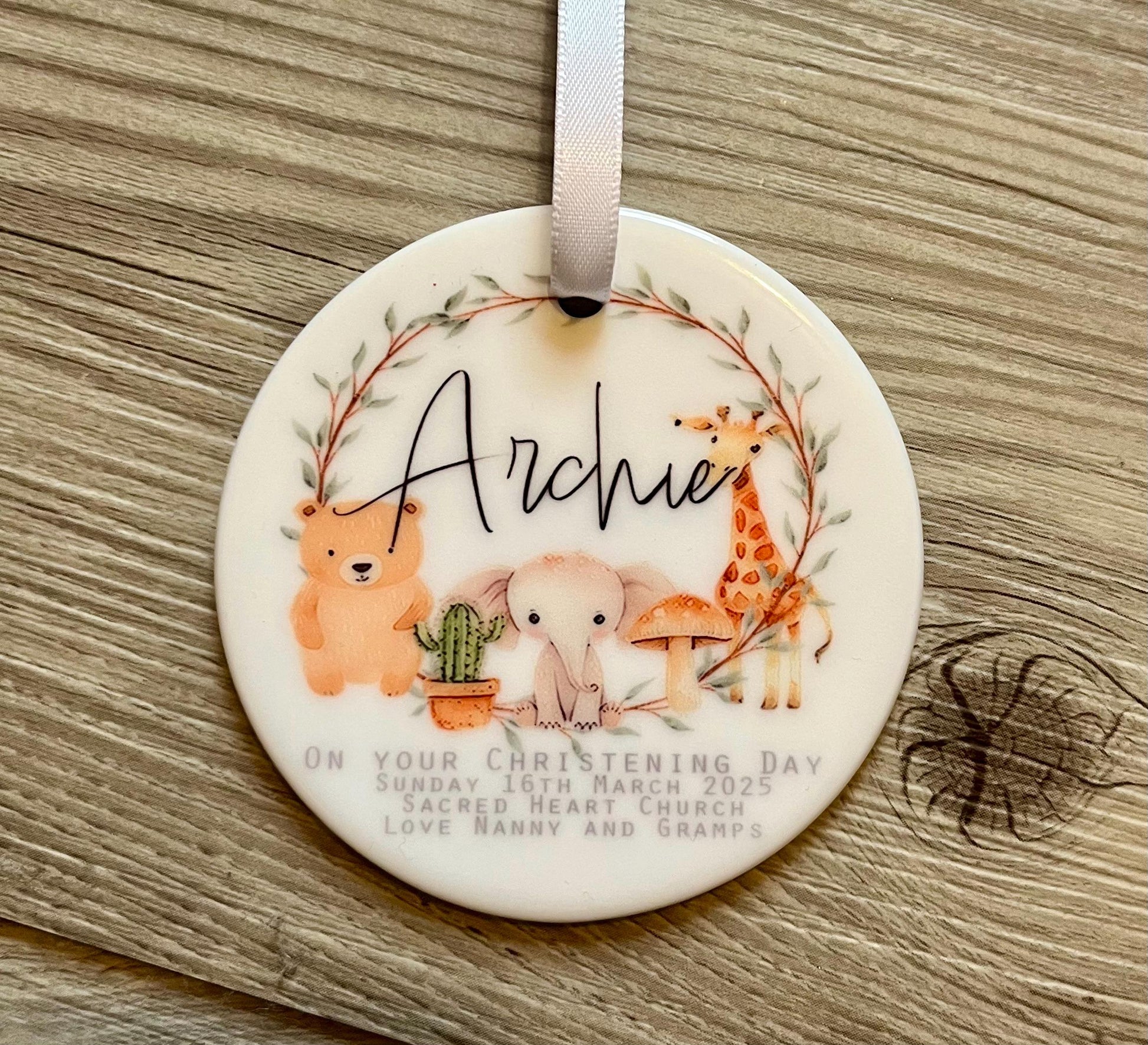 Personalised christening safari animal ceramic ornament, Baptism ceramic ornament, Gift for baby girl, Gift for baby boy