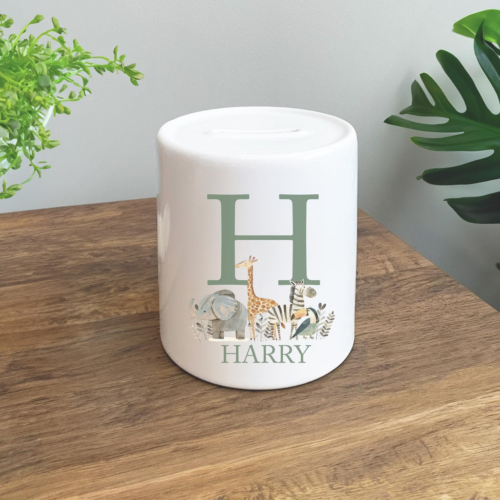 Personalised kids safari animal ceramic money box initial letter birthday occasional