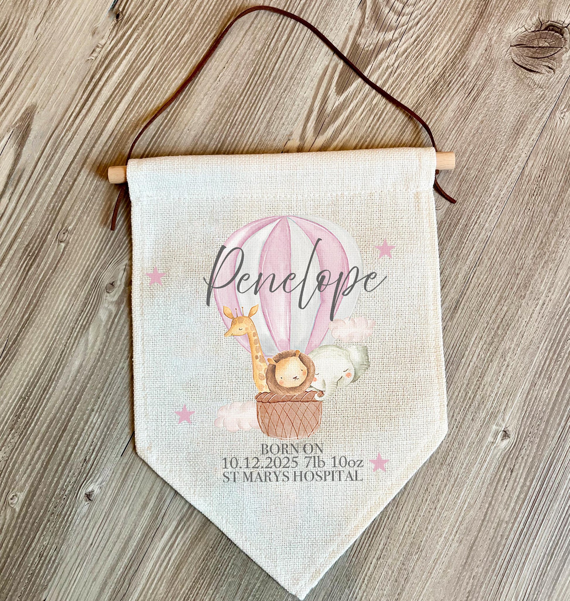 personalise new baby birth stat wall hanging, new baby gift, nursery decor, baby gifts, boho animal baby gift, personalised baby gifts
