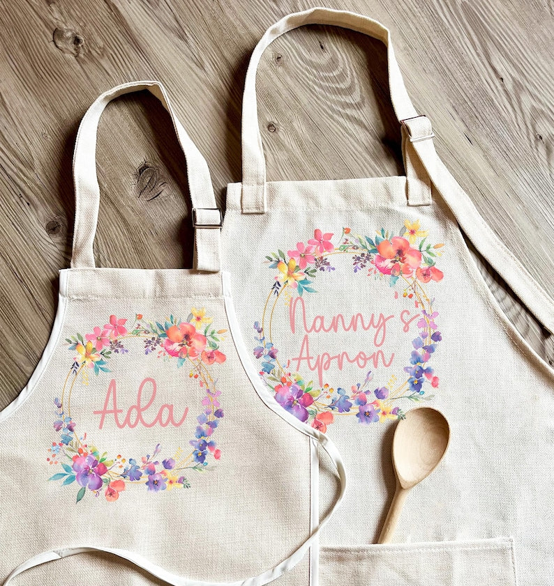Nanny and Grandchild Flower Personalised Apron For Baking and Cooking