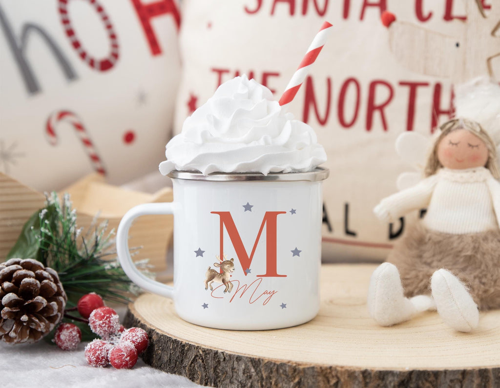 personalised christmas childrens cosy initial letter reindeer enamel mug christmas eve box personalised santa sack first christmas gift