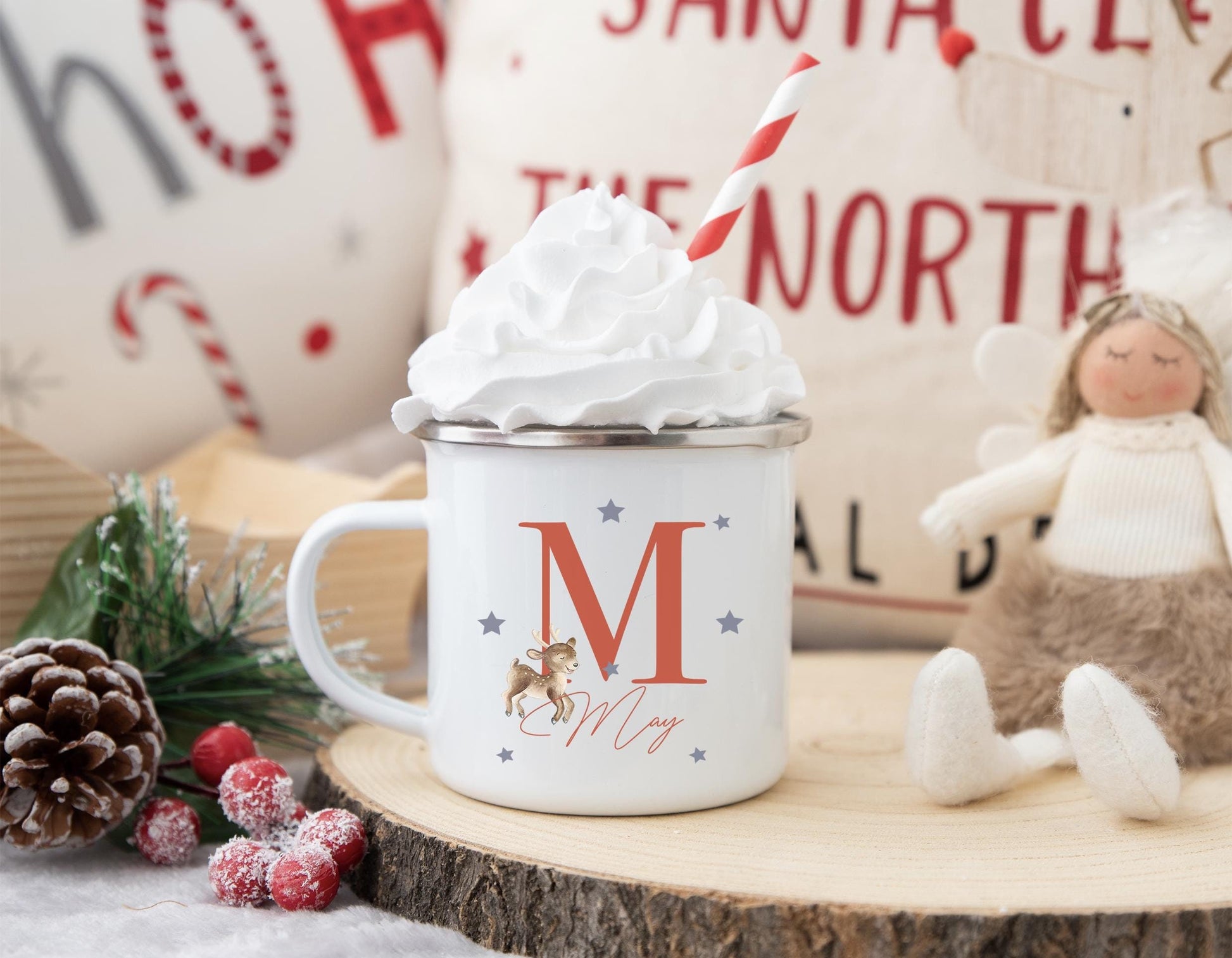 personalised christmas childrens cosy initial letter reindeer enamel mug christmas eve box personalised santa sack first christmas gift