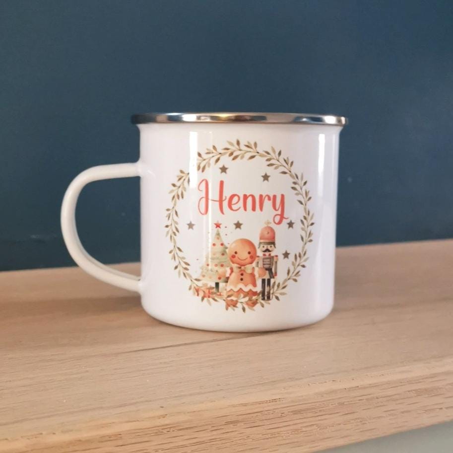 personalised christmas cosy nutcracker enamel mug, christmas eve box, personalised santa sack, first christmas gift, christmas mug,