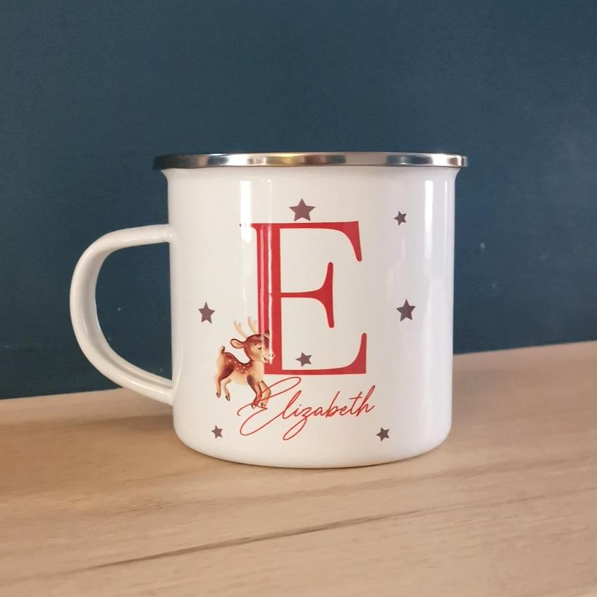 personalised christmas childrens cosy initial letter reindeer enamel mug christmas eve box personalised santa sack first christmas gift