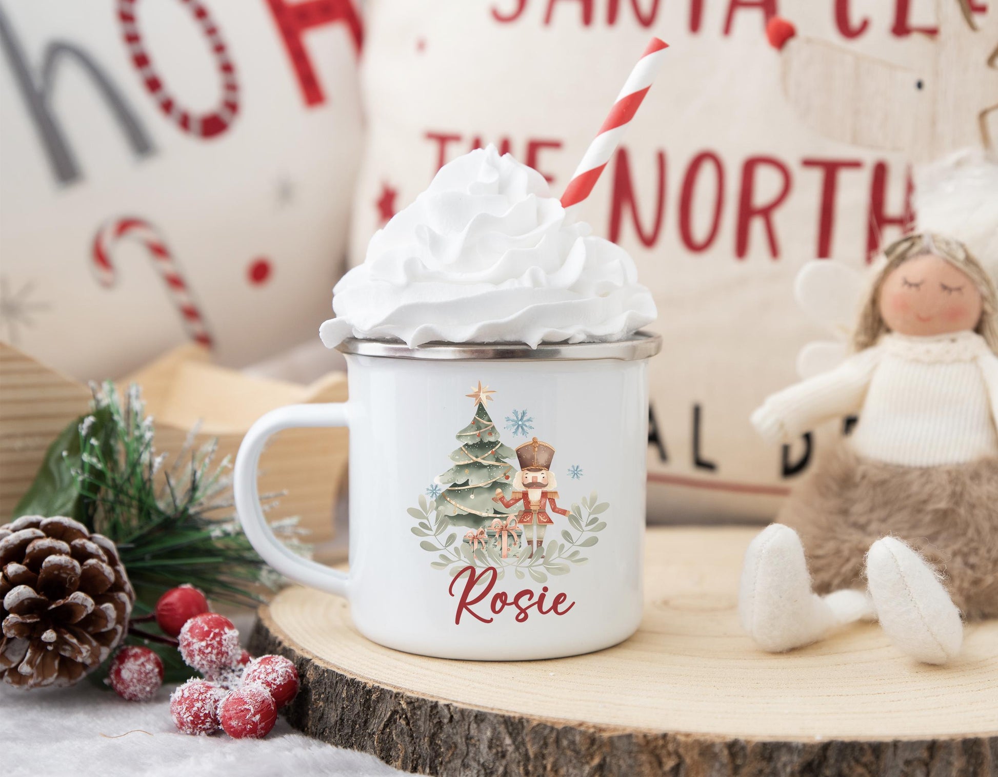 personalised christmas cosy nutcracker childrens enamel mug christmas eve box personalised santa sack first christmas gift