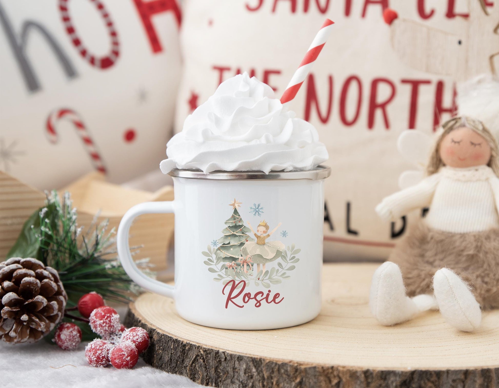 personalised christmas cosy nutcracker ballerina  childrens enamel mug christmas eve box personalised santa sack first christmas gift