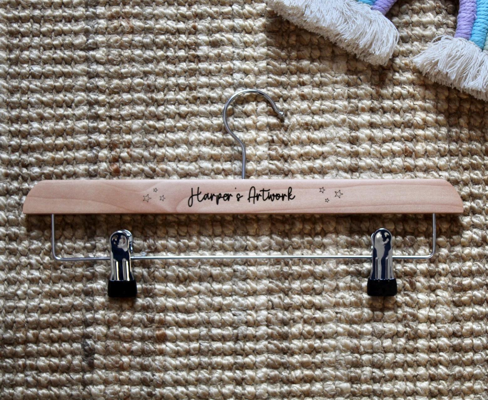 Personalised childrens artwork holder wooden hanger