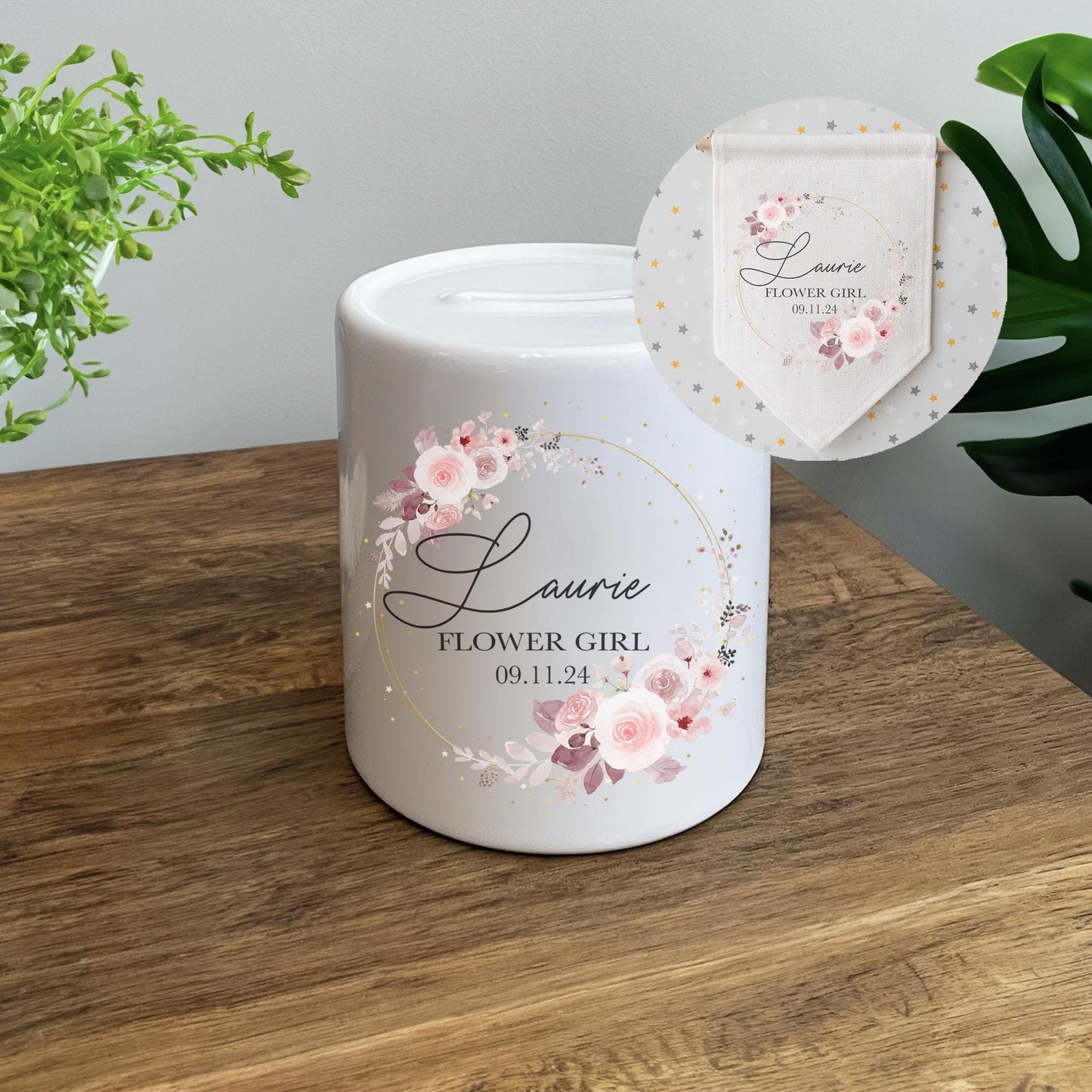 Personalised flower girl bridesmaid page boy mini best man  floral wreath money box  piggy bank present