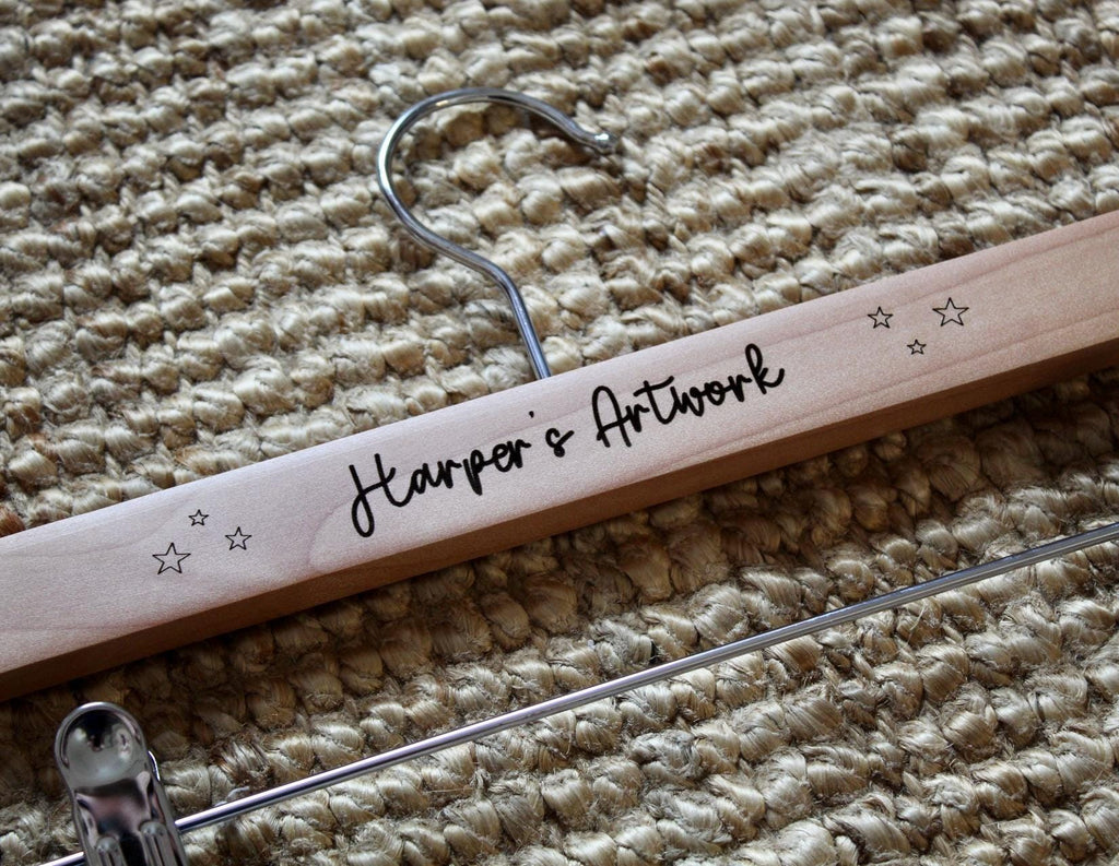 Personalised childrens artwork holder wooden hanger