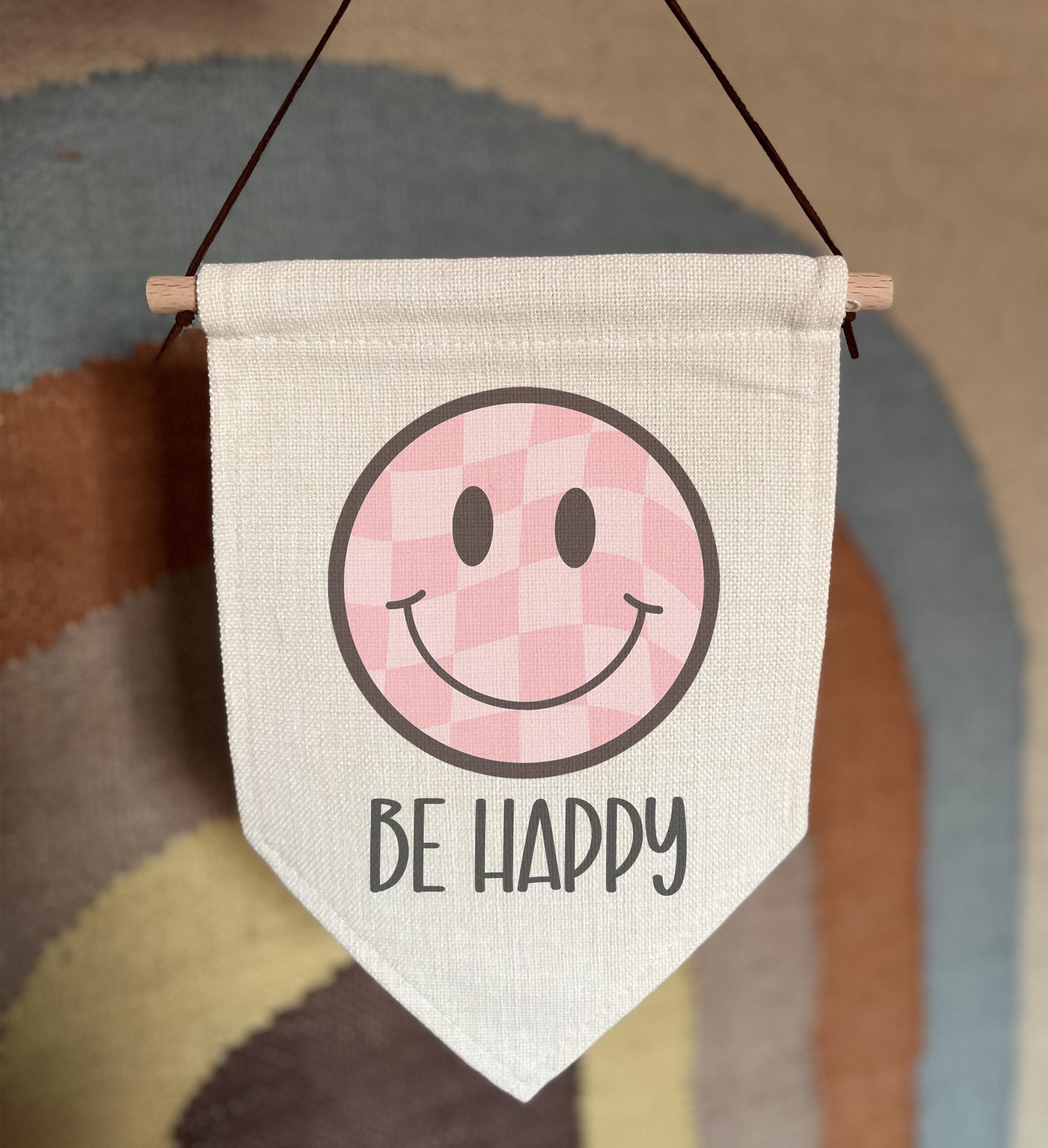 be happy smiley face bedroom sign, bedroom sign, hanging decor, hanging flag, wall hanging