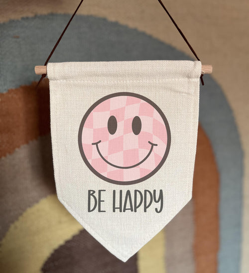 be happy smiley face bedroom sign, bedroom sign, hanging decor, hanging flag, wall hanging