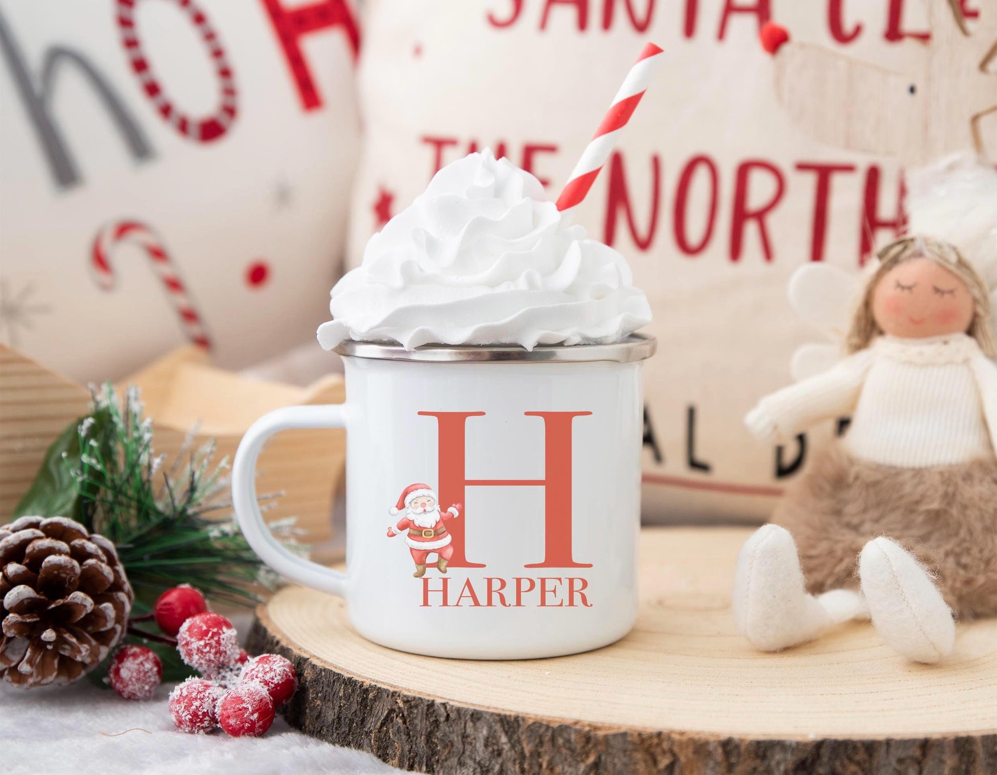 personalised christmas childrens traditional initial letter santa enamel mug christmas eve box personalised santa sack first christmas gift