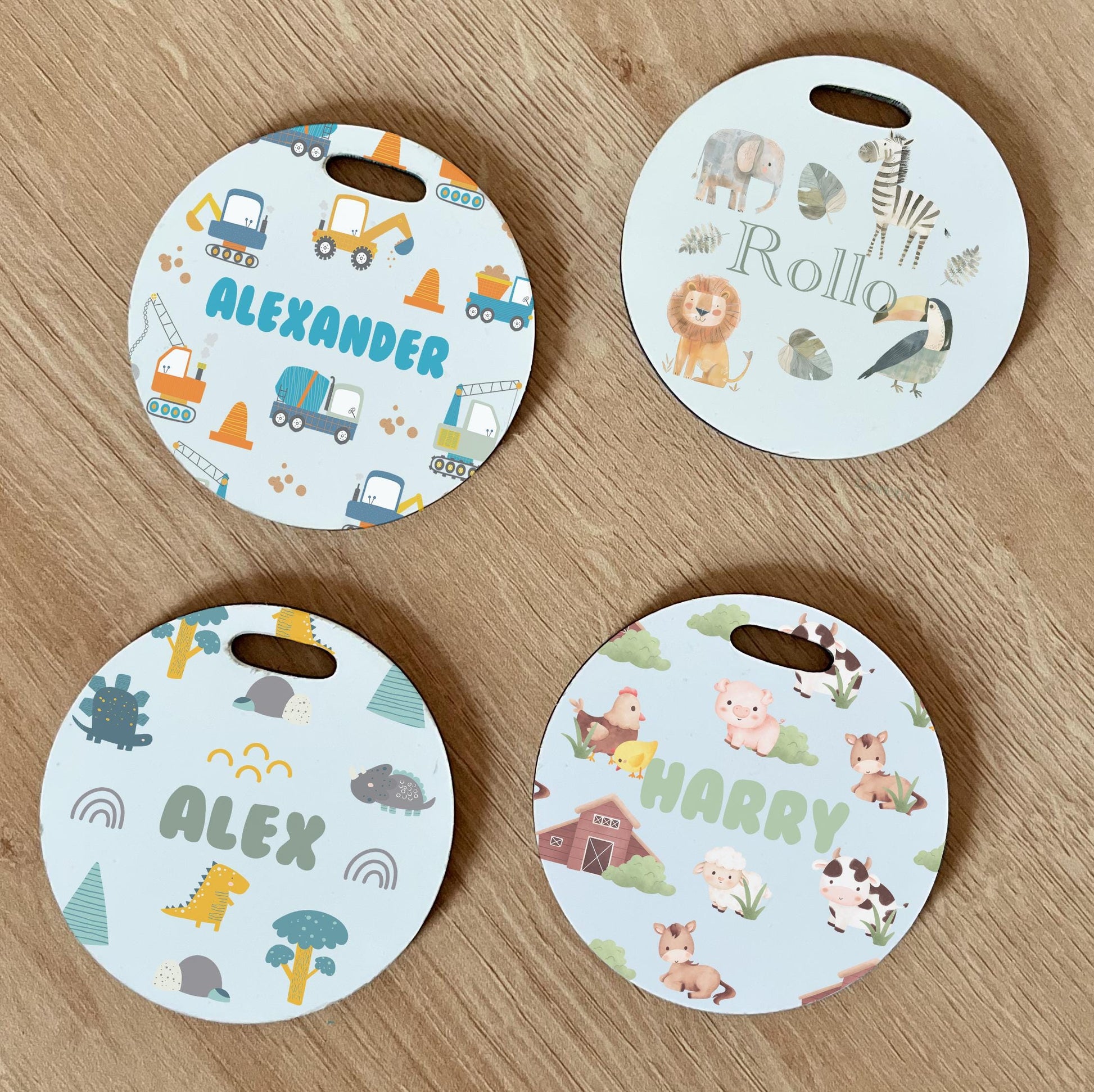 Personalised childrens name tag for bag, Dinosaur name tag, farm name tag, safari animals name tag, digger name tag
