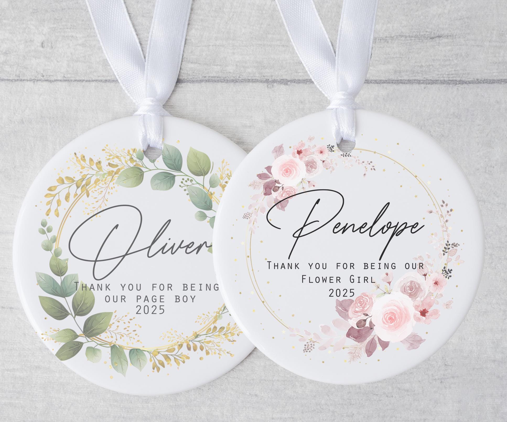 Personalised flower girl ceramic ornament gift, Personalised page boy ceramic ornament gift, Personalised wedding favour