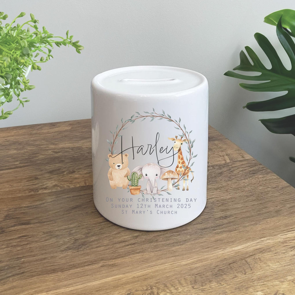Personalised baby animal christening money box present custom savings pot pennies cash