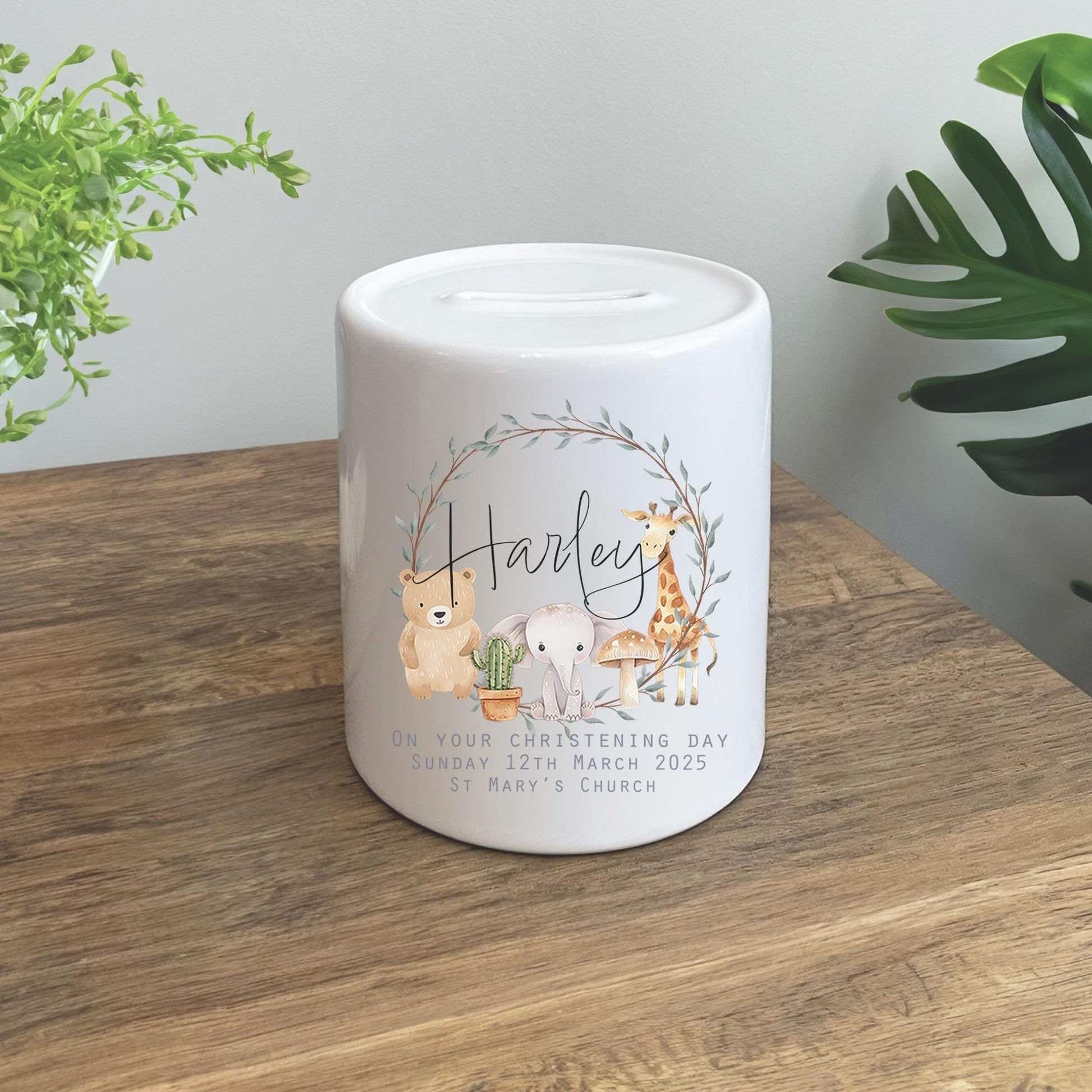 Personalised baby animal christening money box present custom savings pot pennies cash