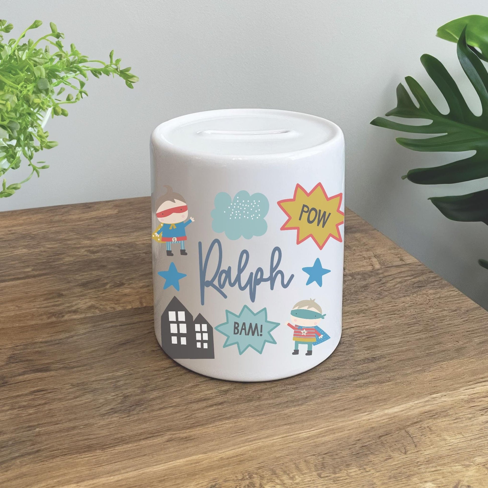 Personalised Childrens superhero money pot,  superhero piggy bank, Birthday money pot, Superhero bedroom decor