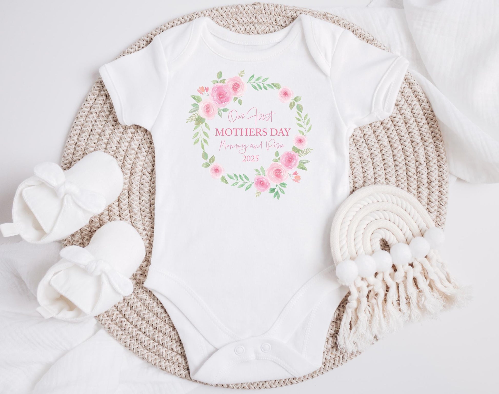 personalised first mothers pink wreath babies vest, baby clothes, mothers day gift, first mothers day, first mothers day gift