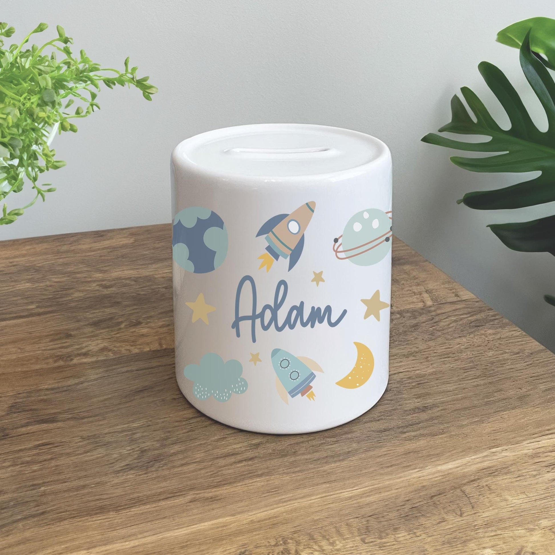 Personalised childrens space ceramic money pot, Space money pot, Kids space piggy bank