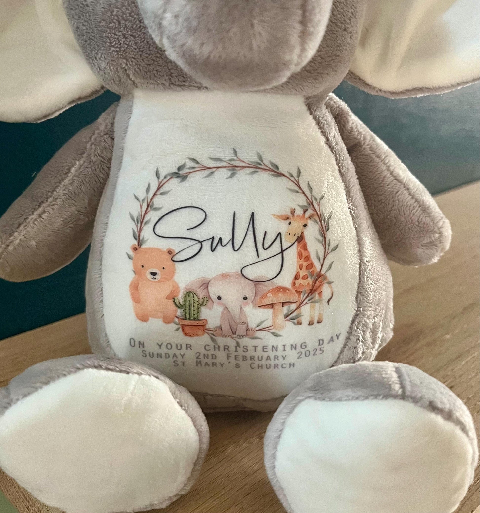 Personalised christening safari animal teddy, personalised baptism teddy, dedication day teddy