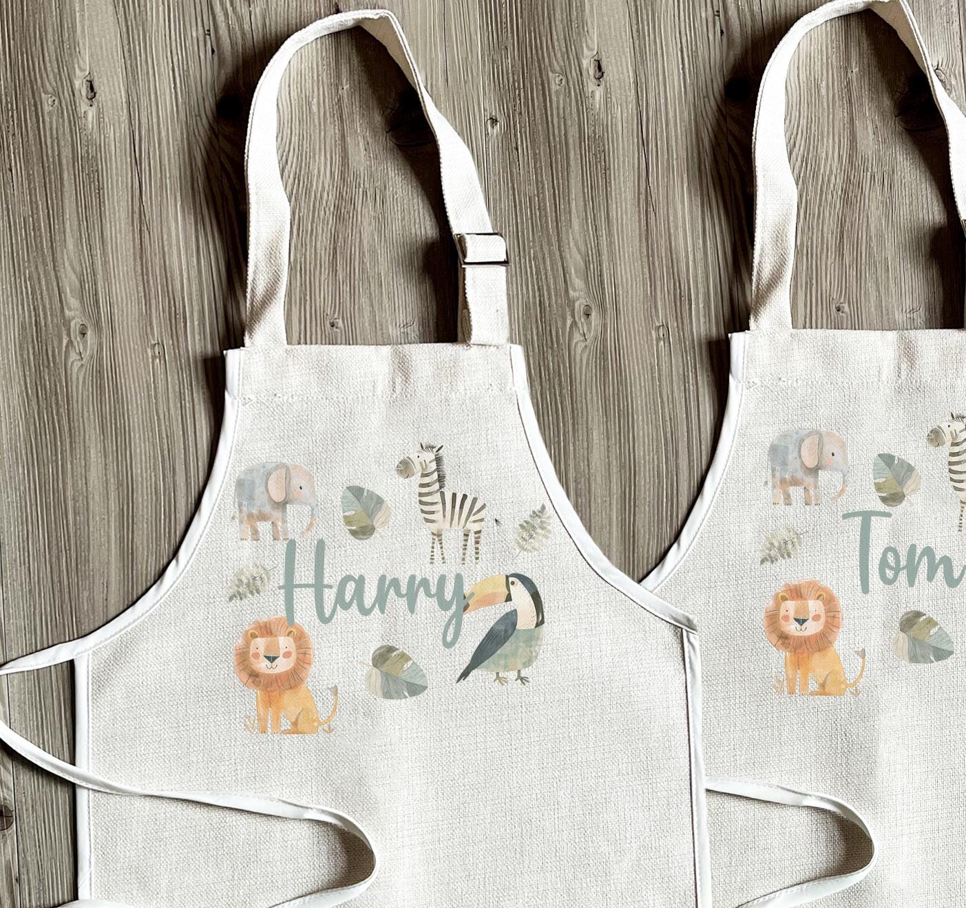 Personalised childrens safari animal apron gift, Childrens safari animal baking apron, star baker apron