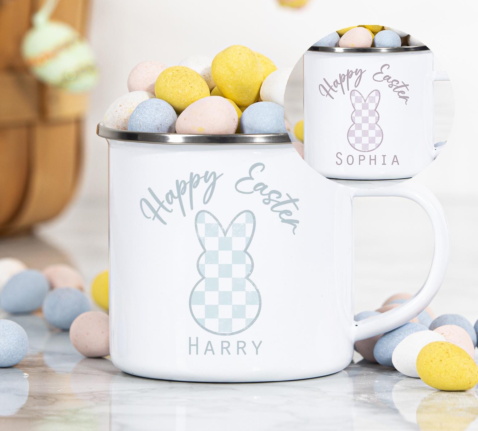 Personalised checkered bunny easter childrens enamel mug, Easter basket gifts, Easter bunny mug, Easter boys mug, Easter girls mug
